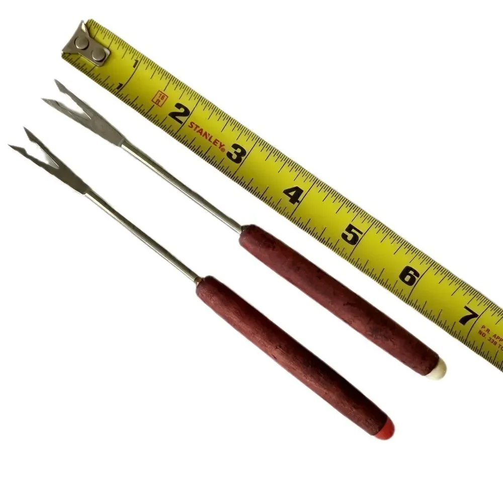 2 Teak Fondue Forks Skewers Picks Appetizer Cocktail Seafood Stainless‎ Steel